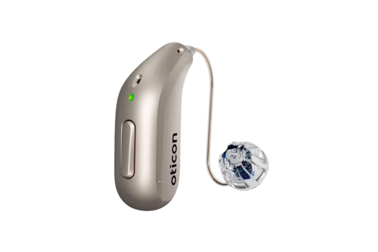 Oticon hearing aid device featuring modern design and advanced hearing technology