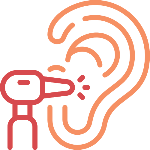 Ear with hearing device symbol representing professional hearing evaluations and care